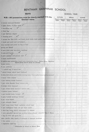 0105, BG 036, 16 Sep 1950, Boy Boarders clothing list