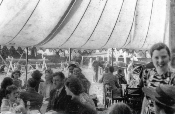 0003.00, BG 053, 3 Jul 1948, Garden Fête in Paddock - Miss M Cockcroft and Alan Wills in background wearing old style blaze