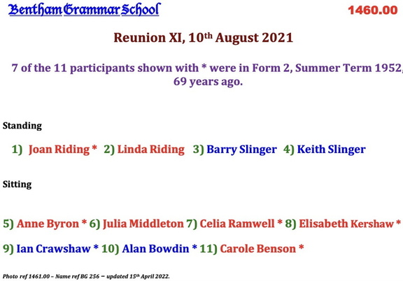 1461.00, BG 256, 10 Aug 2021, Names - Reunion XI, Coach House, High Bentham