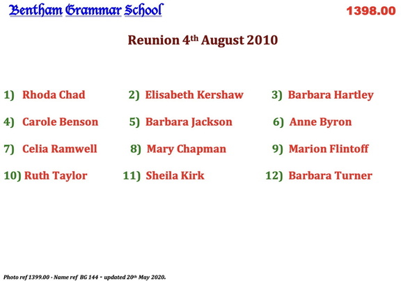 1399.00, BG 144, 4 Aug 2010, Names - Reunion 2010, Punch Bowl, Low Bentham