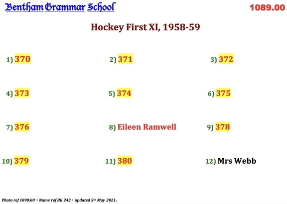 1090.00, BG 243, 22 Jul 1959, Names - Hockey 1st XI 1958-59