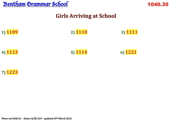 1040.36, BG 329, 1 Jun 1958, Names - Girls arriving at School