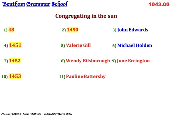 1043.50, BG 302, 1 Jun 1958, Names - Congregating in the sun