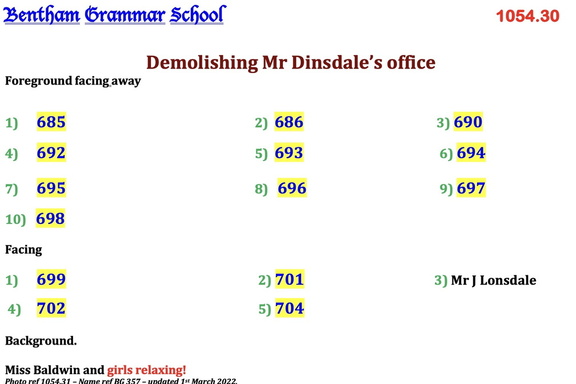 1054.31, BG 357, 5 Jul 1958, Names - Demolishing Mr Dinsdlae's office for new cloakroom 