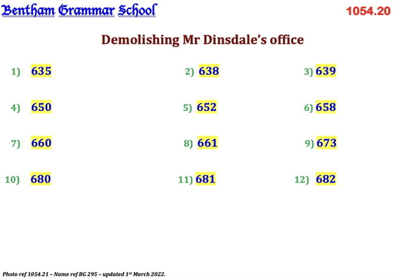 1054.33, BG 295, 5. Jul 1958, Names - Demolishing Mr Dinsdlae's office for new cloakroom 