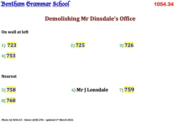 1054.35, BG 296, 5 Jul 1958, Names - Demolishing Mr Dinsdale's Office for new cloakroom