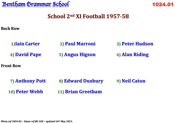 1024.02, BG 268, 2 Apr 1958, Names - School 2nd XI Football 1957
