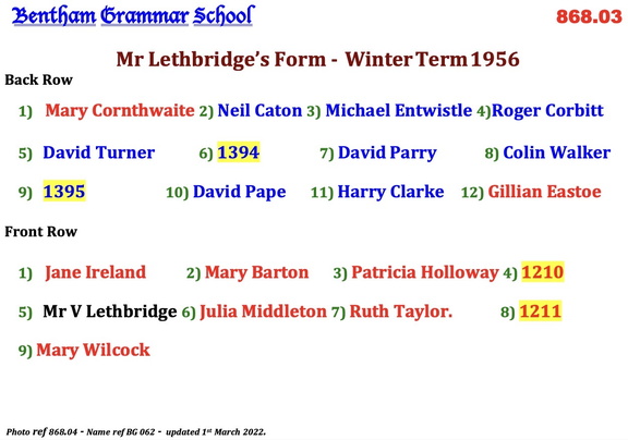 0868.04, BG 062, 1 Nov 1956, Names - Mr Lethbridge's Form