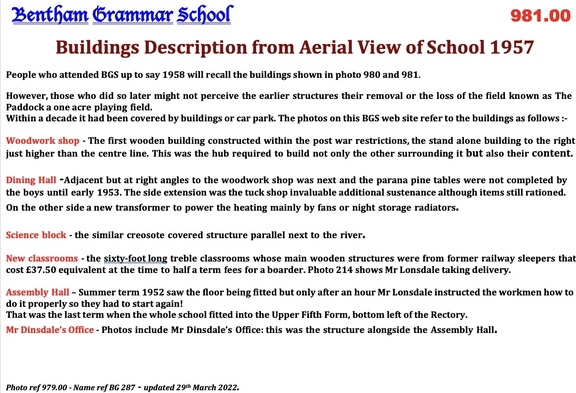 0979.00, BG 287, 1 Sep 1957, Aerial View of School with building indentification