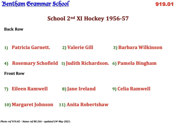 0919.02, BG 266, 17 Apr 1957, Names - School 2nd XI Hockey 1956-57