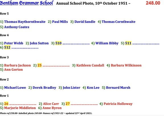 0250.00, 1951-22, 10 Oct 1951, Names - Annual School Photo 7 of 8