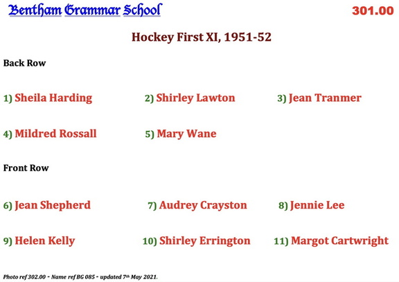 0302.00, BG 085, 9 Apr 1952, Names - Hockey First XI, 1951-52