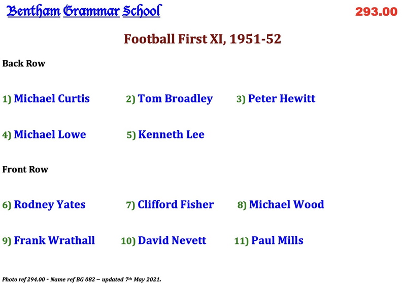 0294.00, BG 082, 9 Apr 1952, Names - Fottball First XI, 1951-52.jpeg