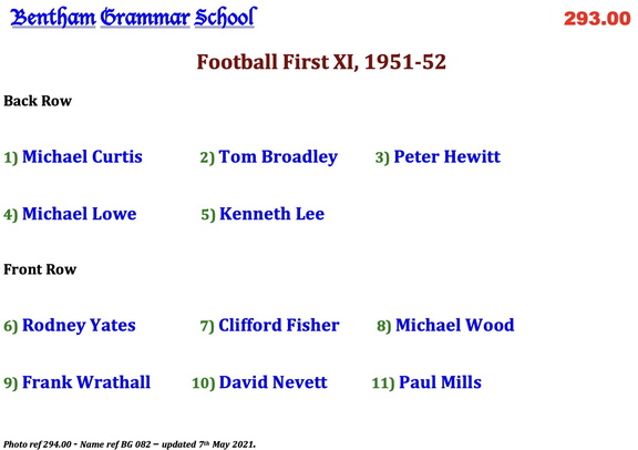 0294.00, BG 082, 9 Apr 1952, Names - Fottball First XI, 1951-52