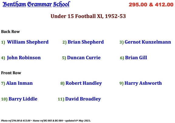 0413.00, BG 094, 1 Apr 1953, Names - Under 15 Football XI, 1952-53